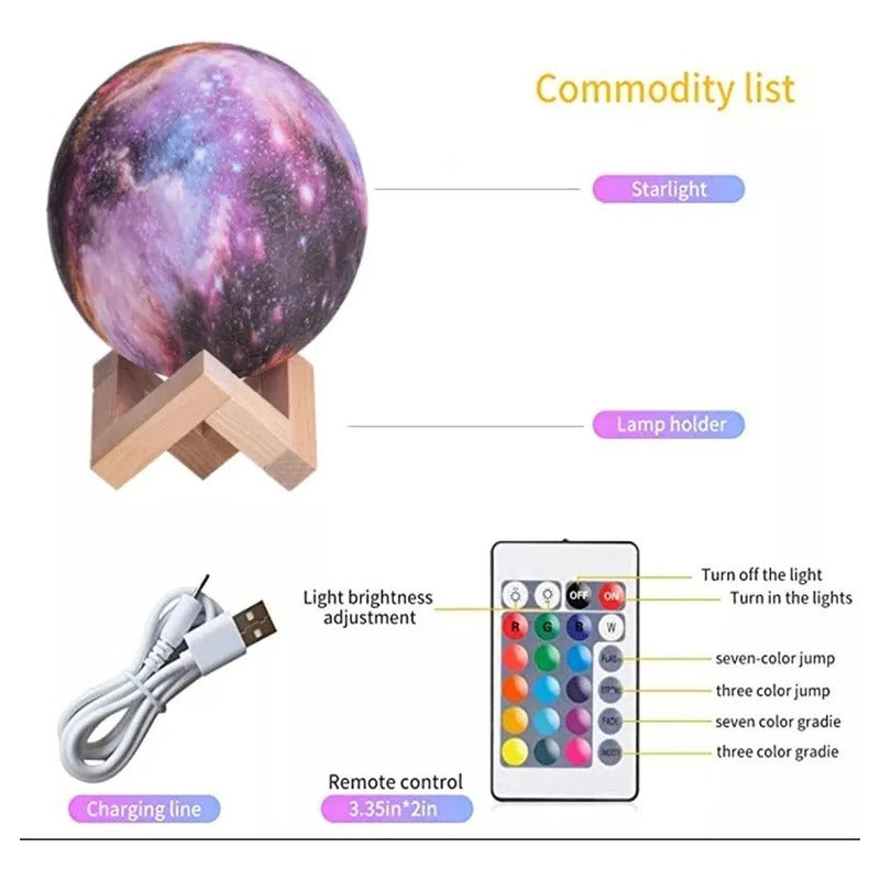 Lámpara Luna Galaxia 3d 16 Colores Recargable Rgb + Control - Chamos Store